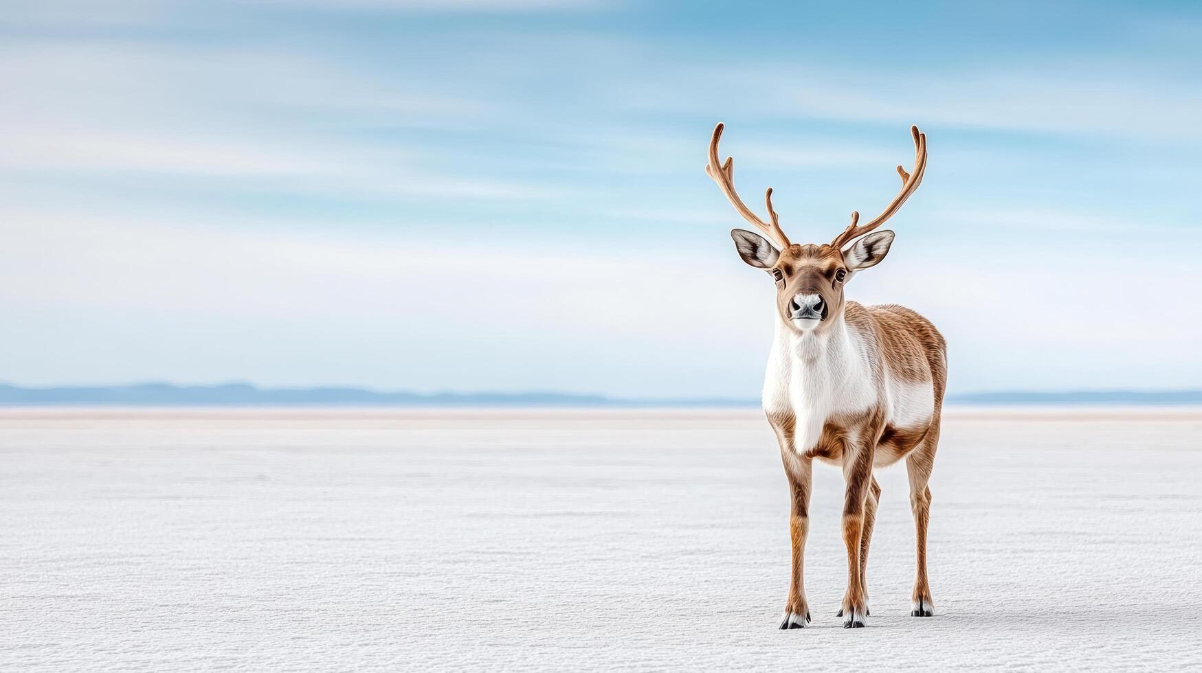 A deer stands in the middle of a white plain photo