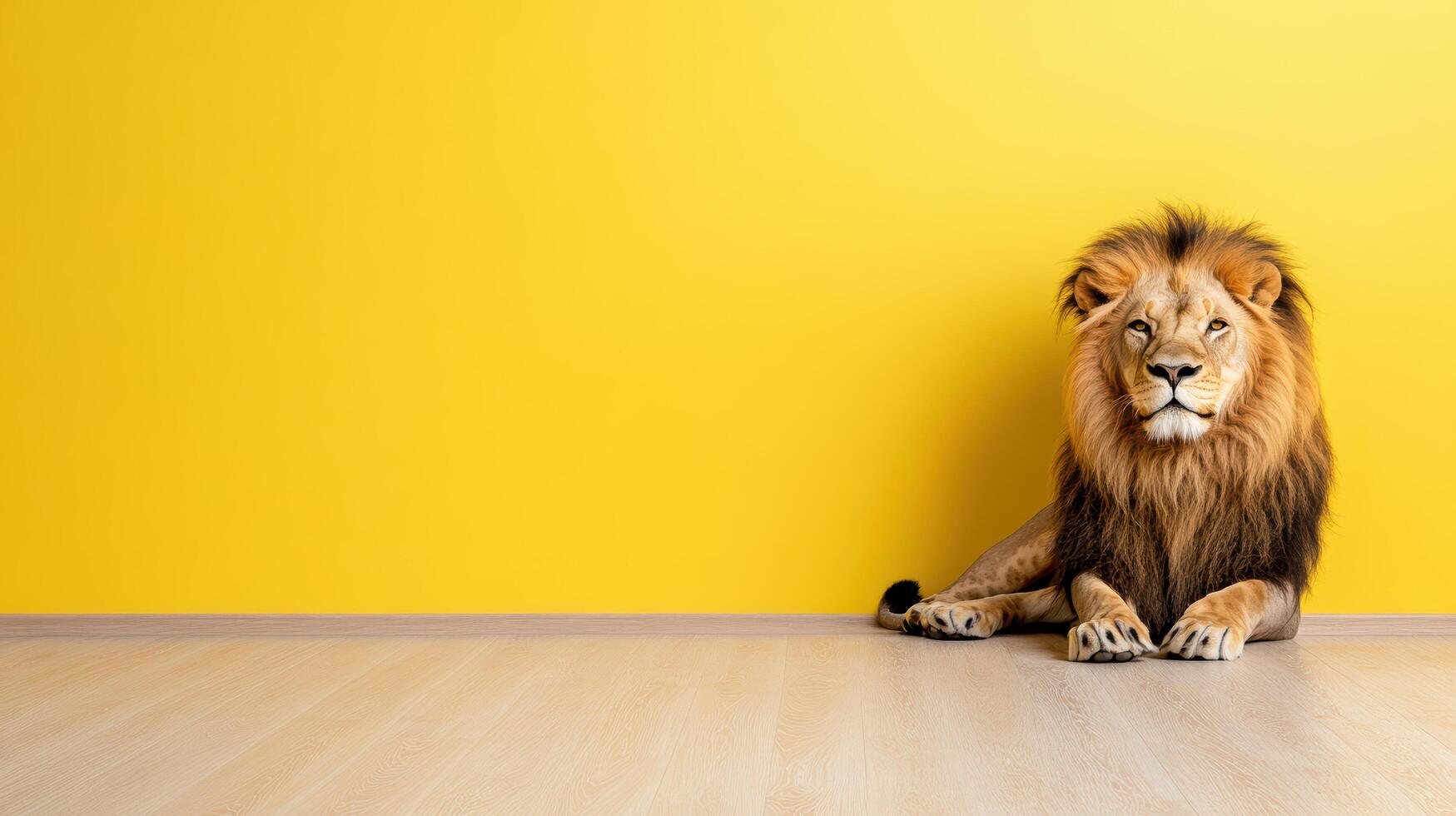 A lion sitting in front of a yellow wall photo