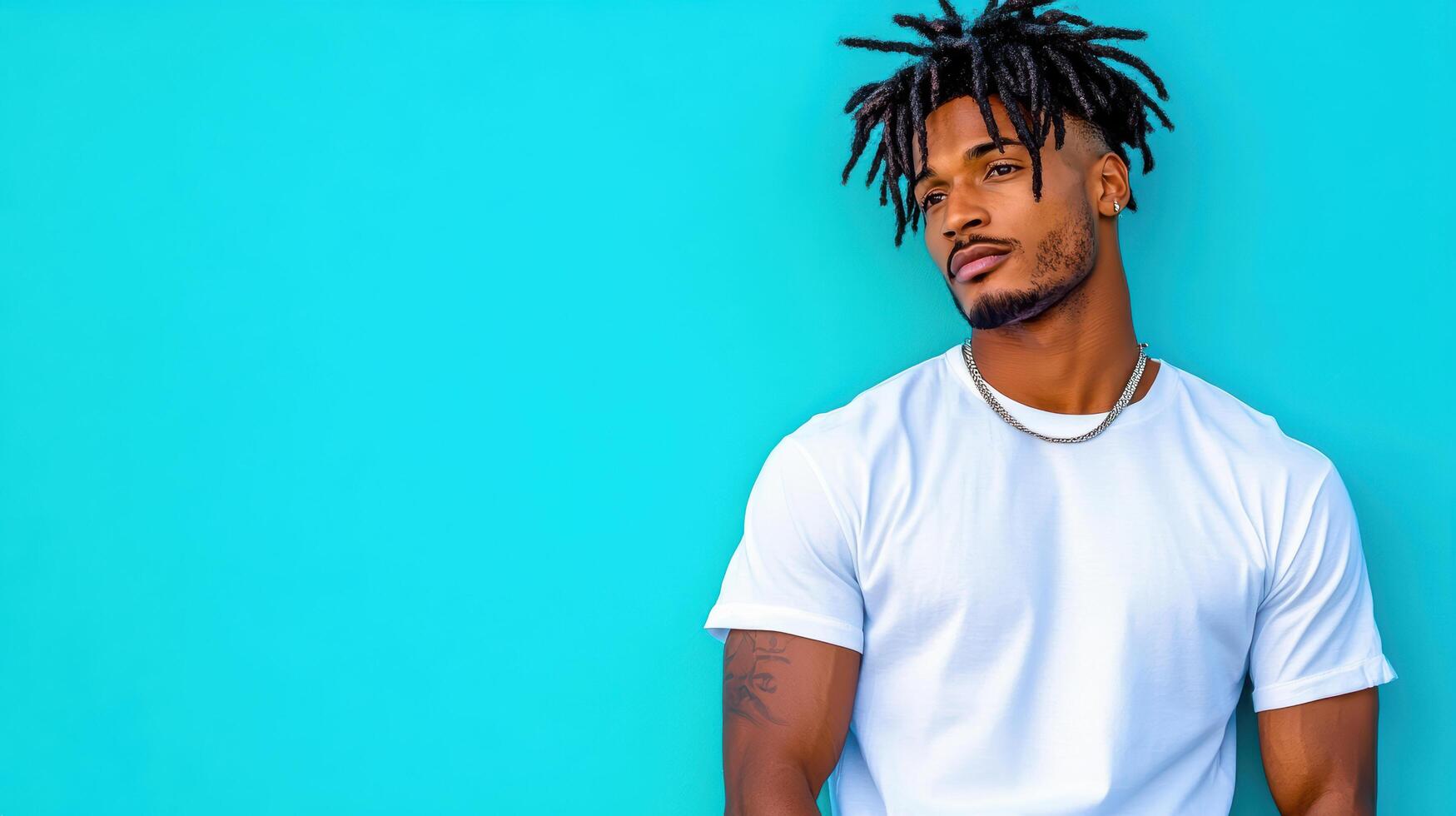 A man with dreadlocks in a white t - shirt photo