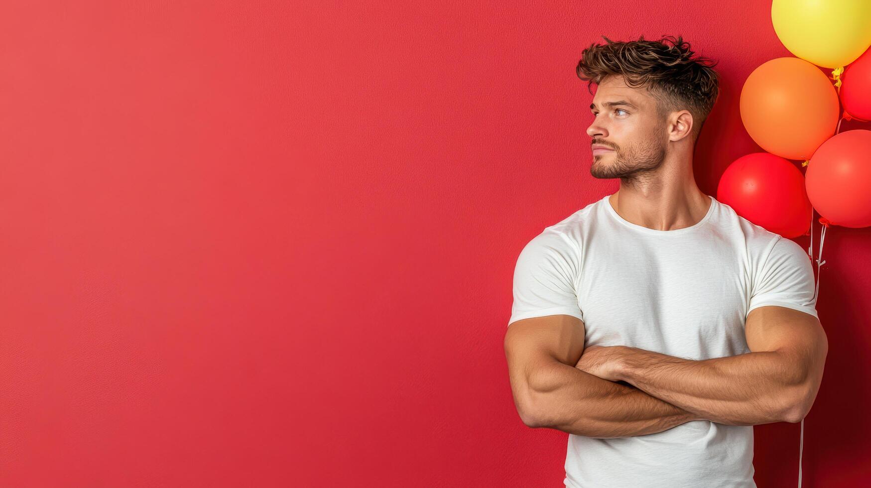 A man with arms crossed and balloons in front of him photo
