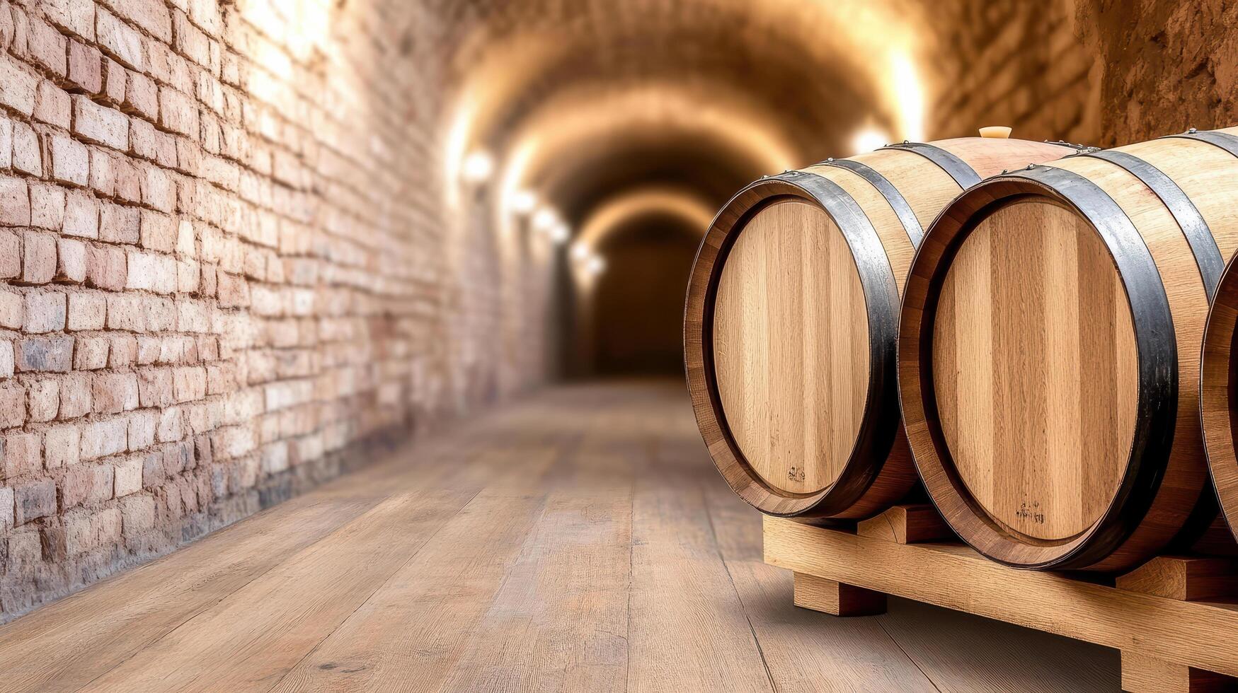 Three wine barrels in a tunnel with brick walls photo