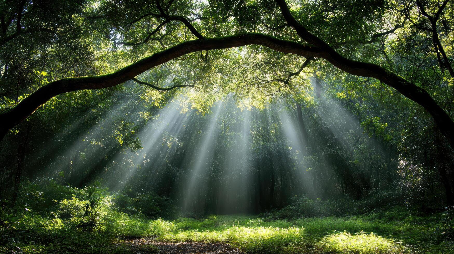 Sunbeams shining through a tree in the forest photo
