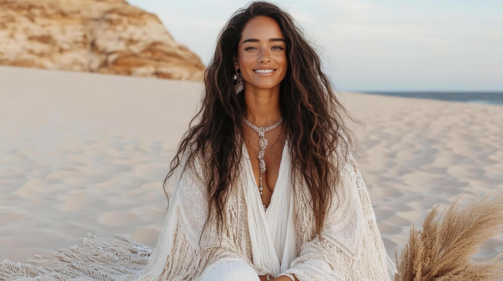 A woman in white sitting on the beach photo