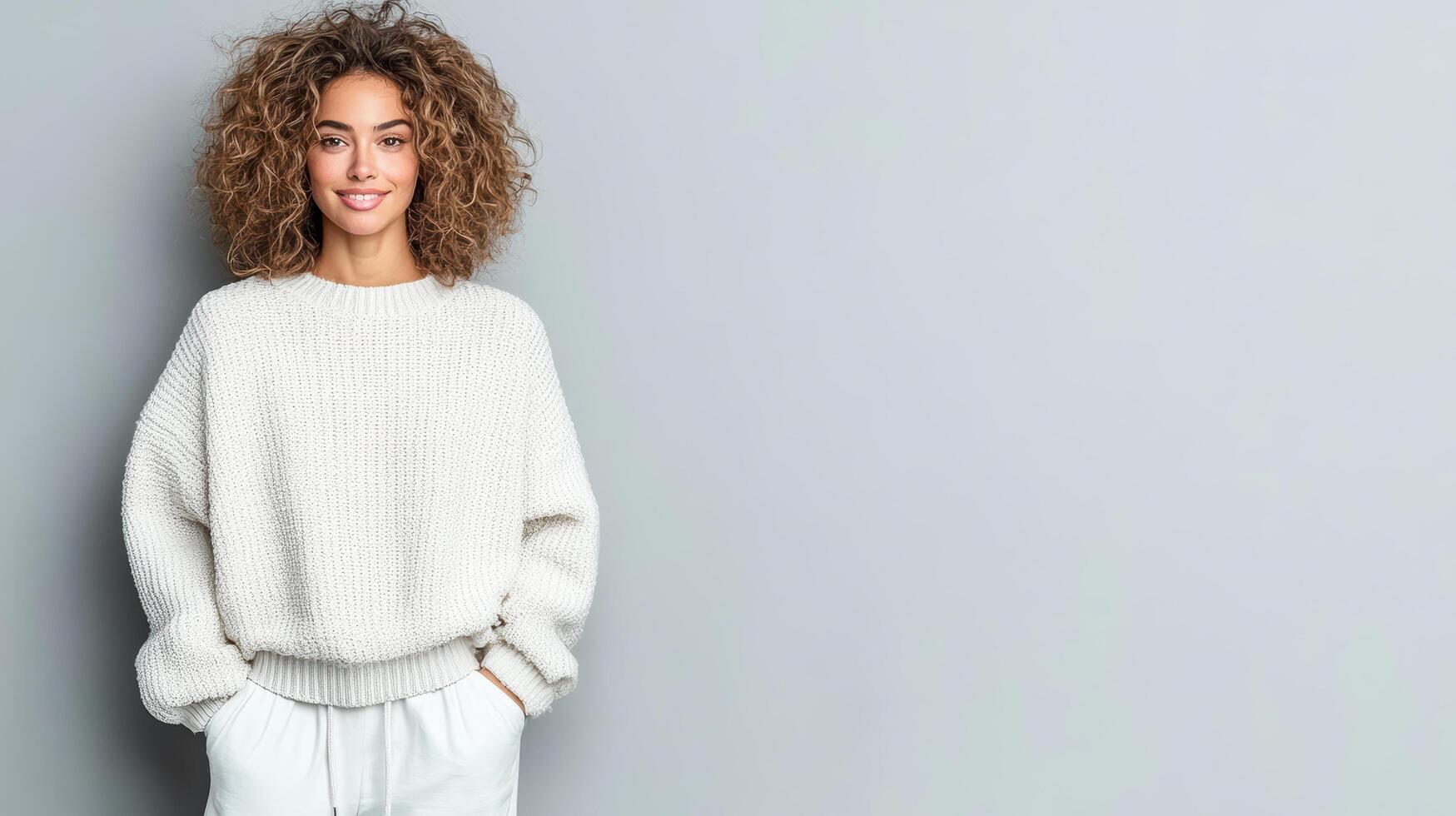 Smiling woman in white sweater and pants photo