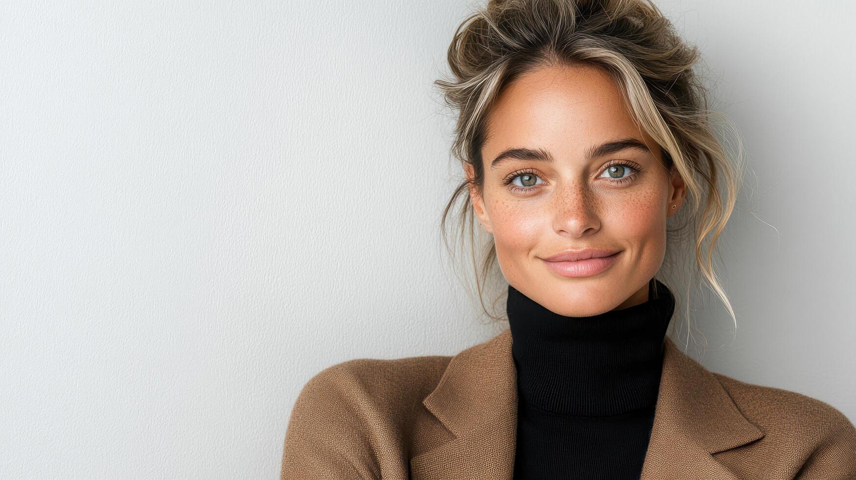 A woman in a brown jacket and turtle neck sweater photo