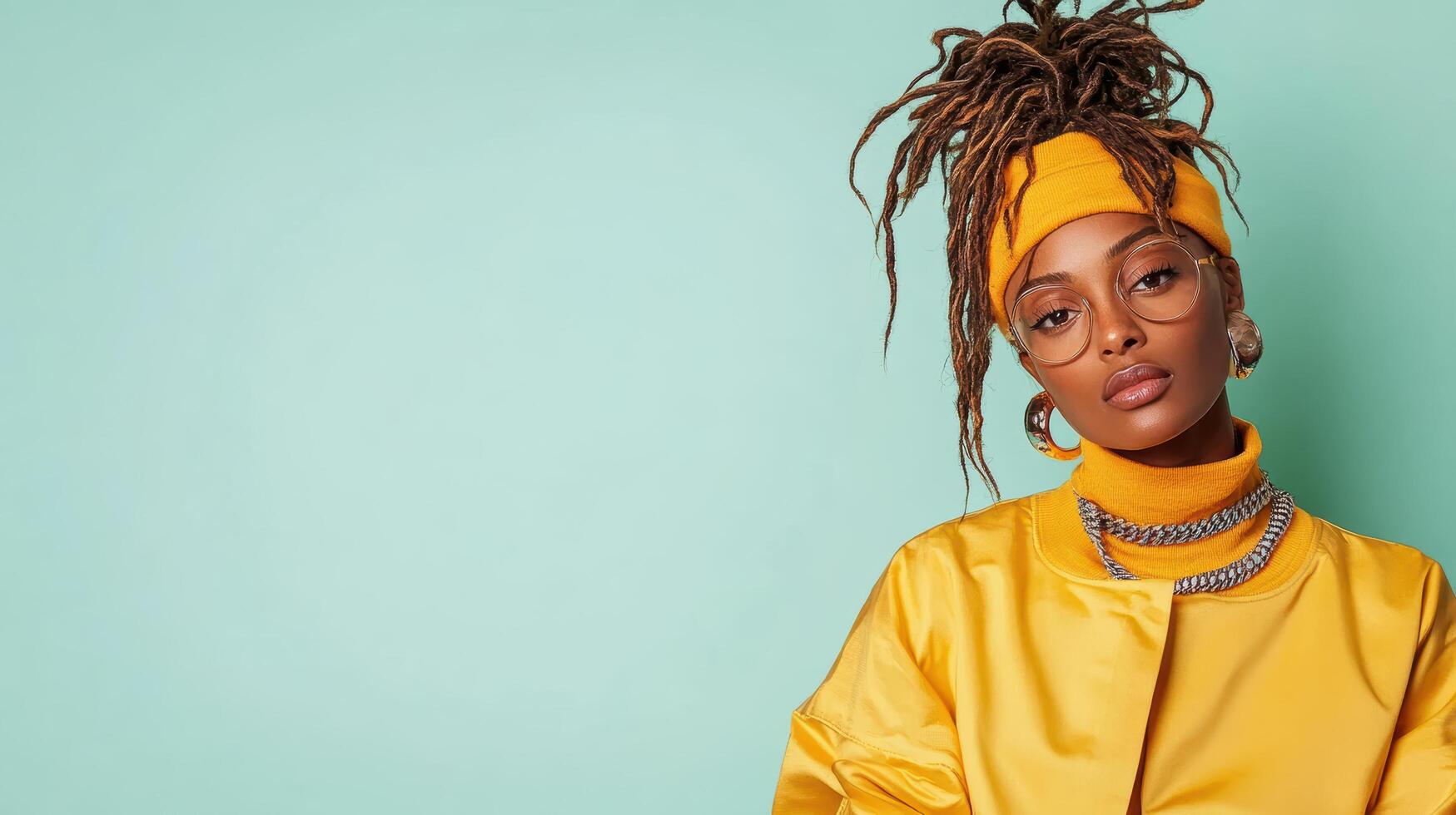 A woman with dreadlocks wearing a yellow jacket photo