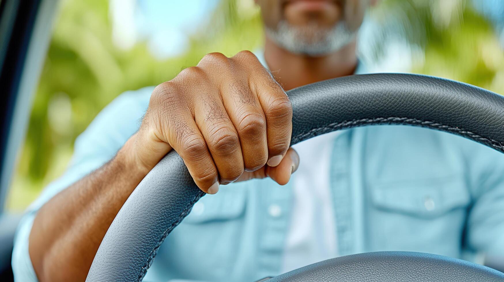 A man is holding the steering wheel of his car photo