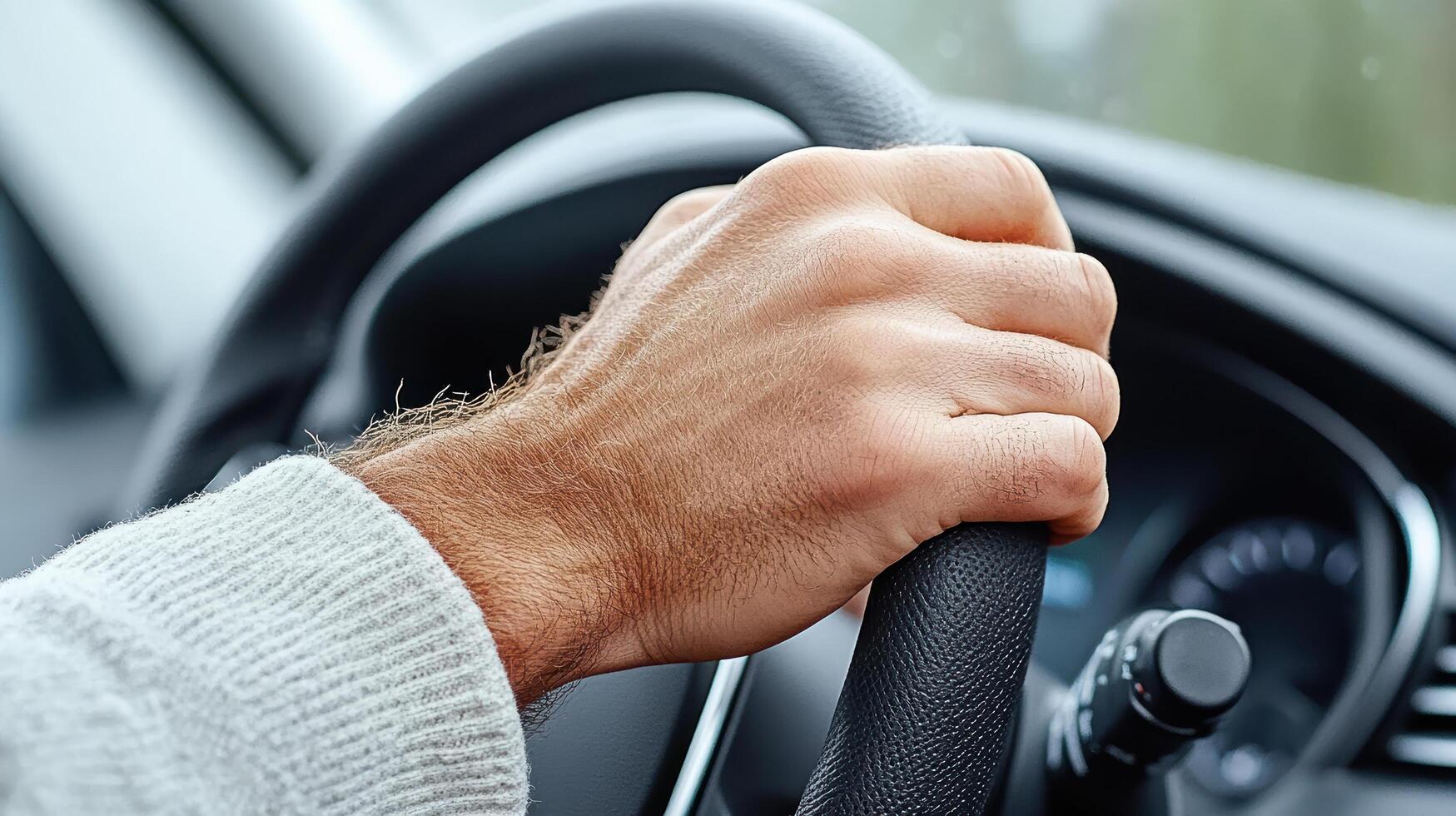 A man's hand is holding the steering wheel of a car photo