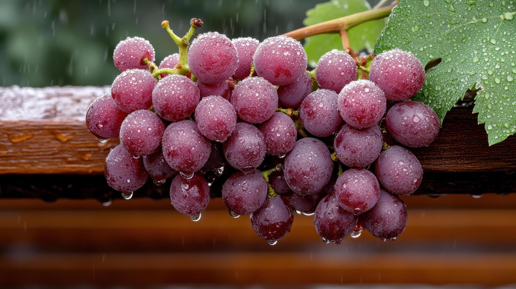 A bunch of grapes on a wooden bench with rain drops photo