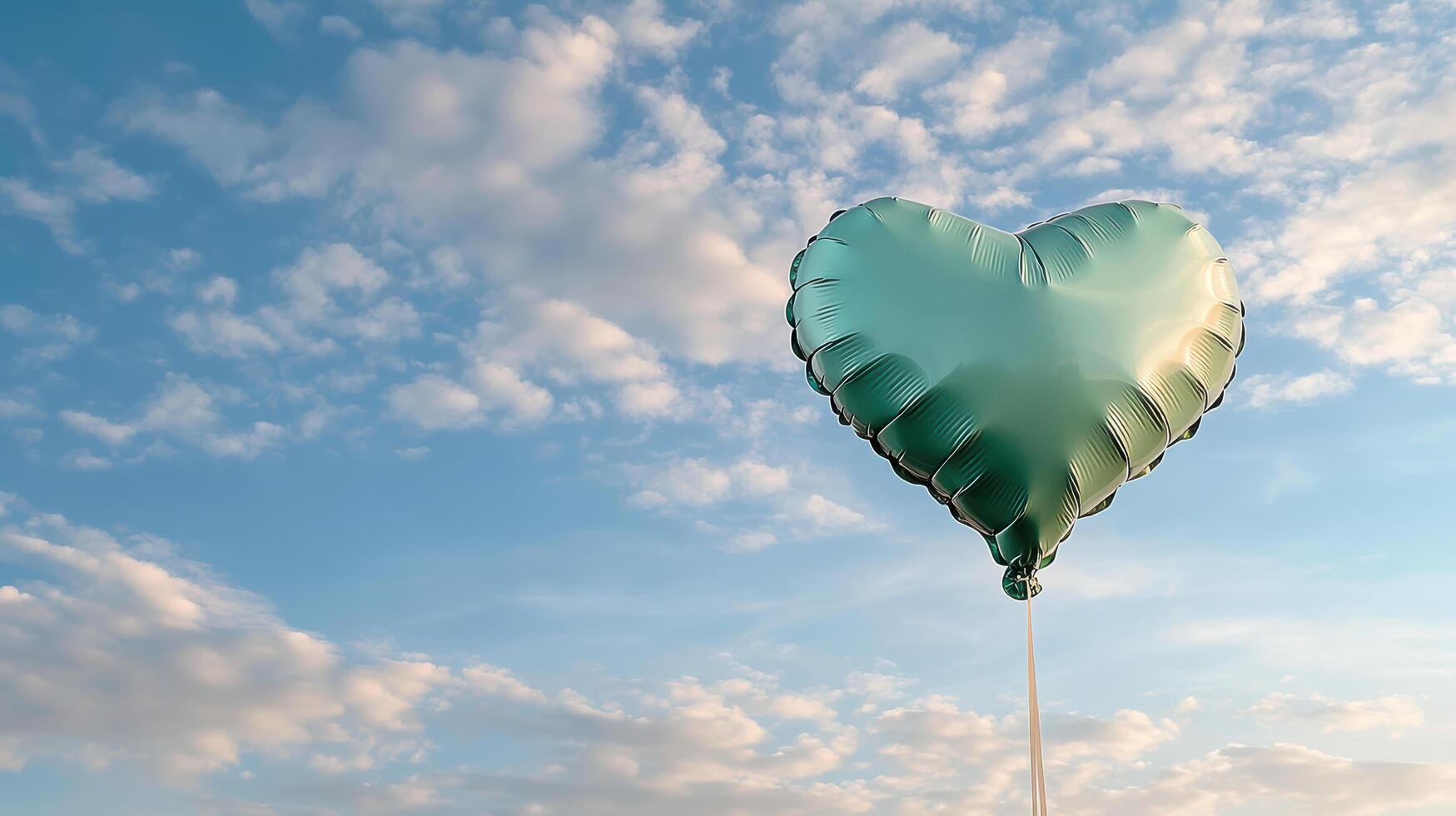 A green heart shaped balloon is in the air photo
