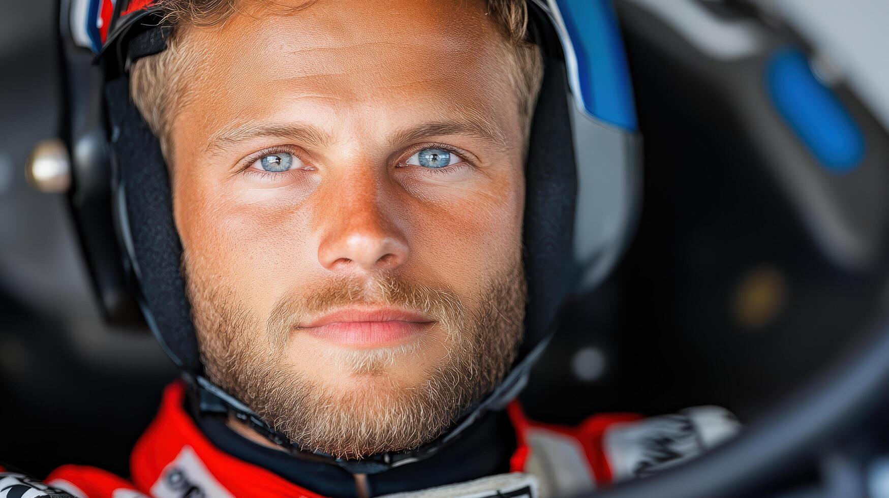 A man in a racing car with a blue beard photo