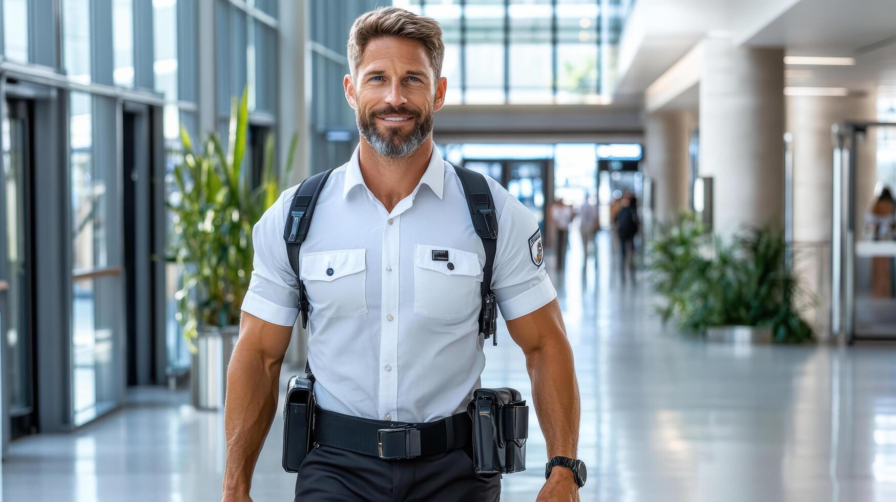 A man in a white shirt and black vest walking through an office building photo