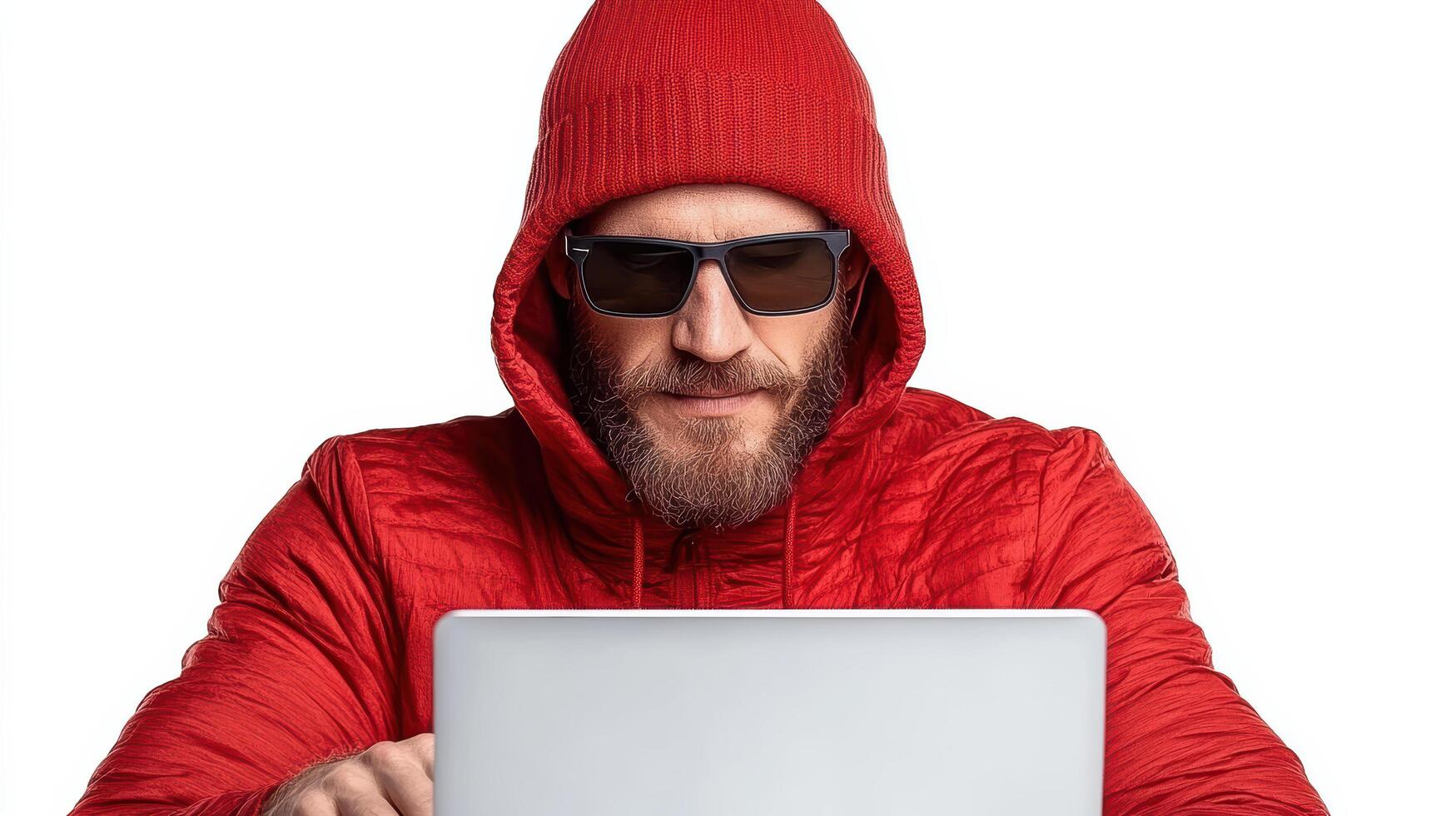 A man in a red hoodie and sunglasses is using a laptop photo