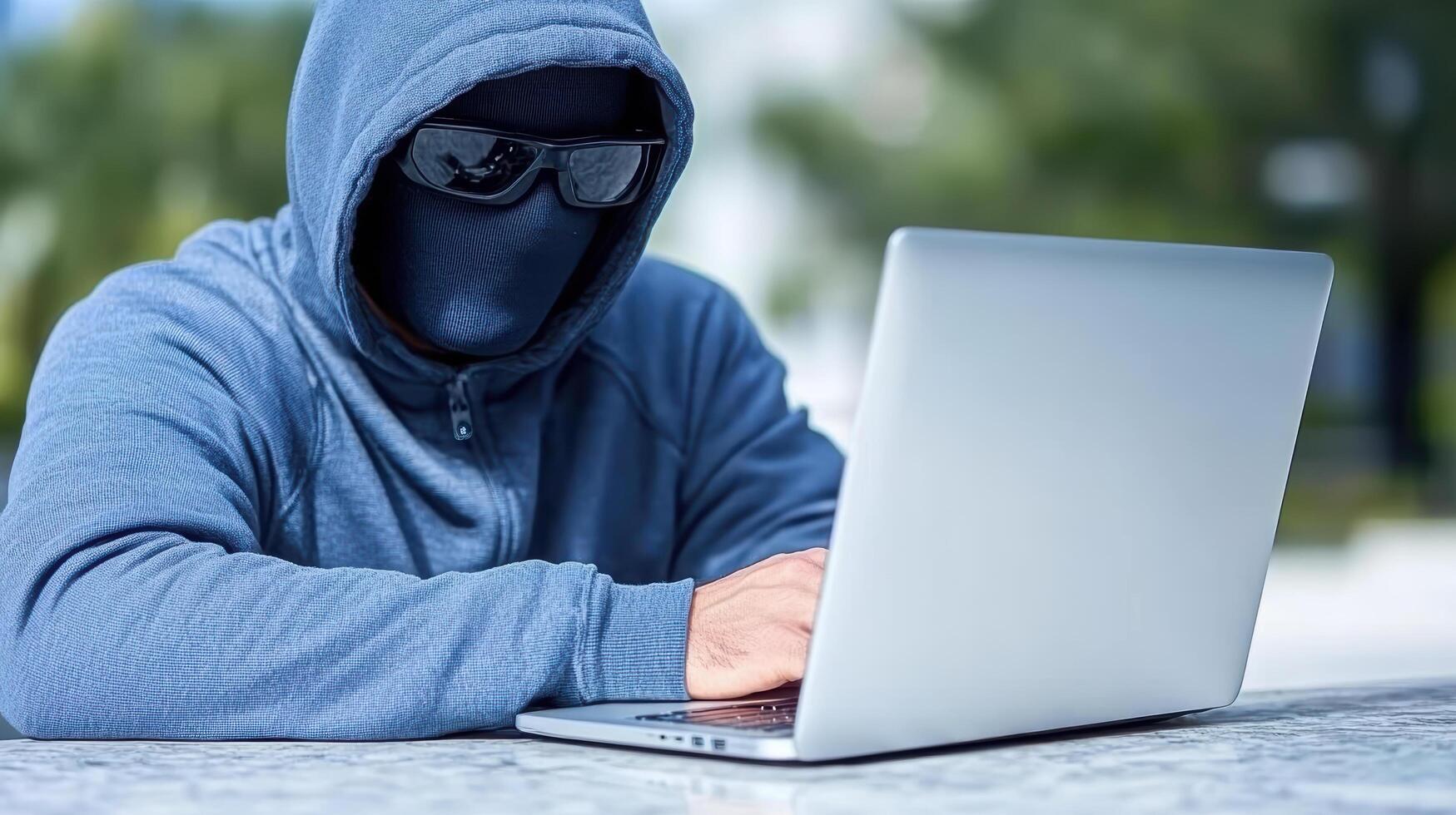 A man wearing a hoodie and sunglasses is using a laptop photo