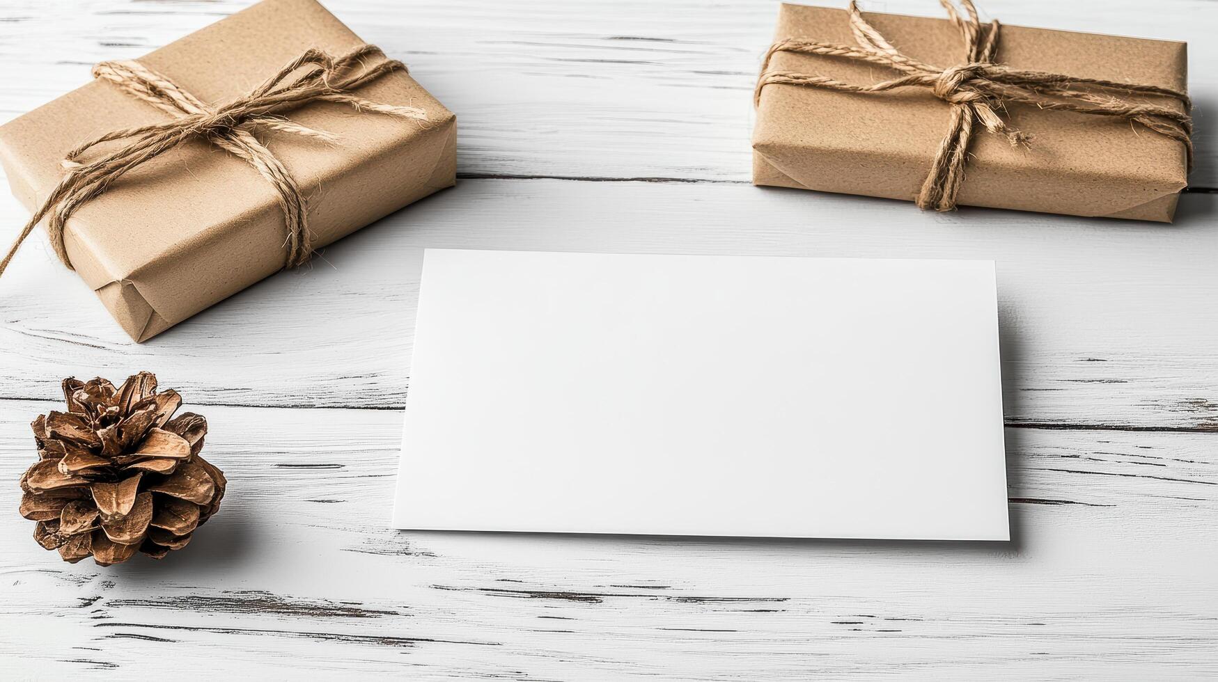 Gift boxes and paper on white wooden background photo