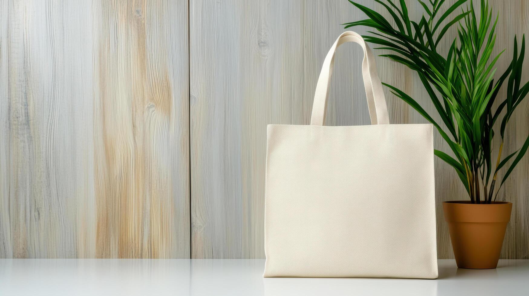 A white tote bag sitting on a table next to a plant photo