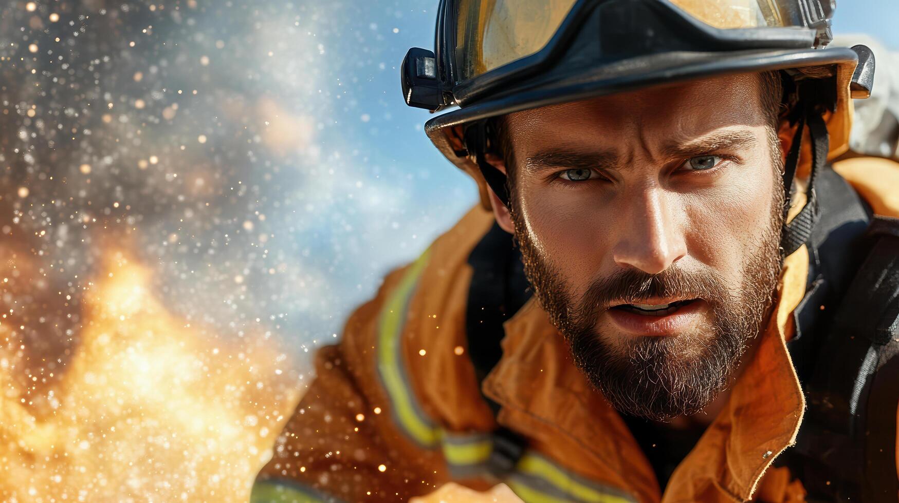 A man in a fireman's uniform is looking at the camera photo