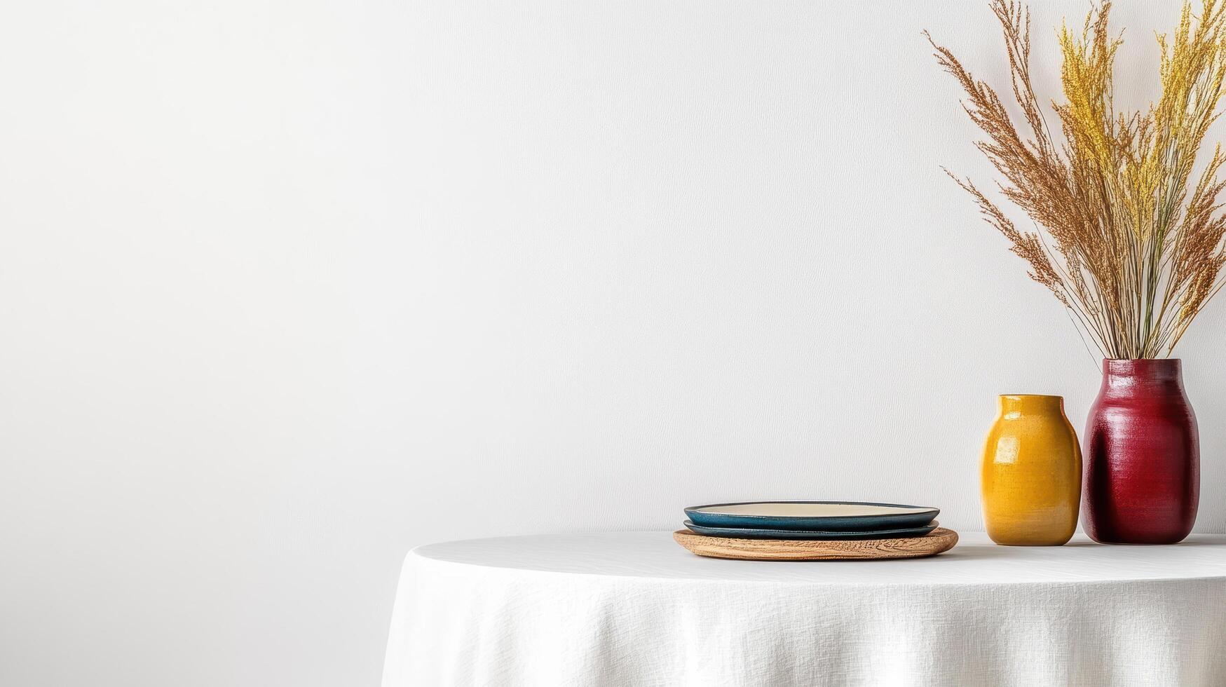 A table with two vases and a bowl of dry grass photo