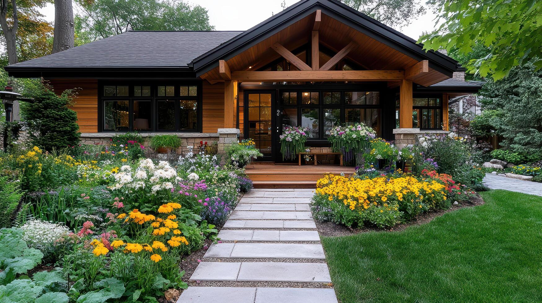 A small house with a garden and flowers photo