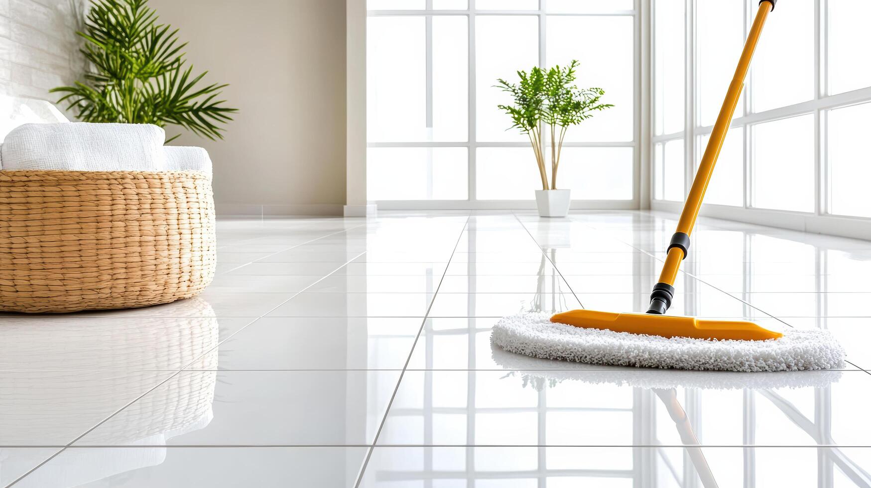 A mop is cleaning a floor in a room photo