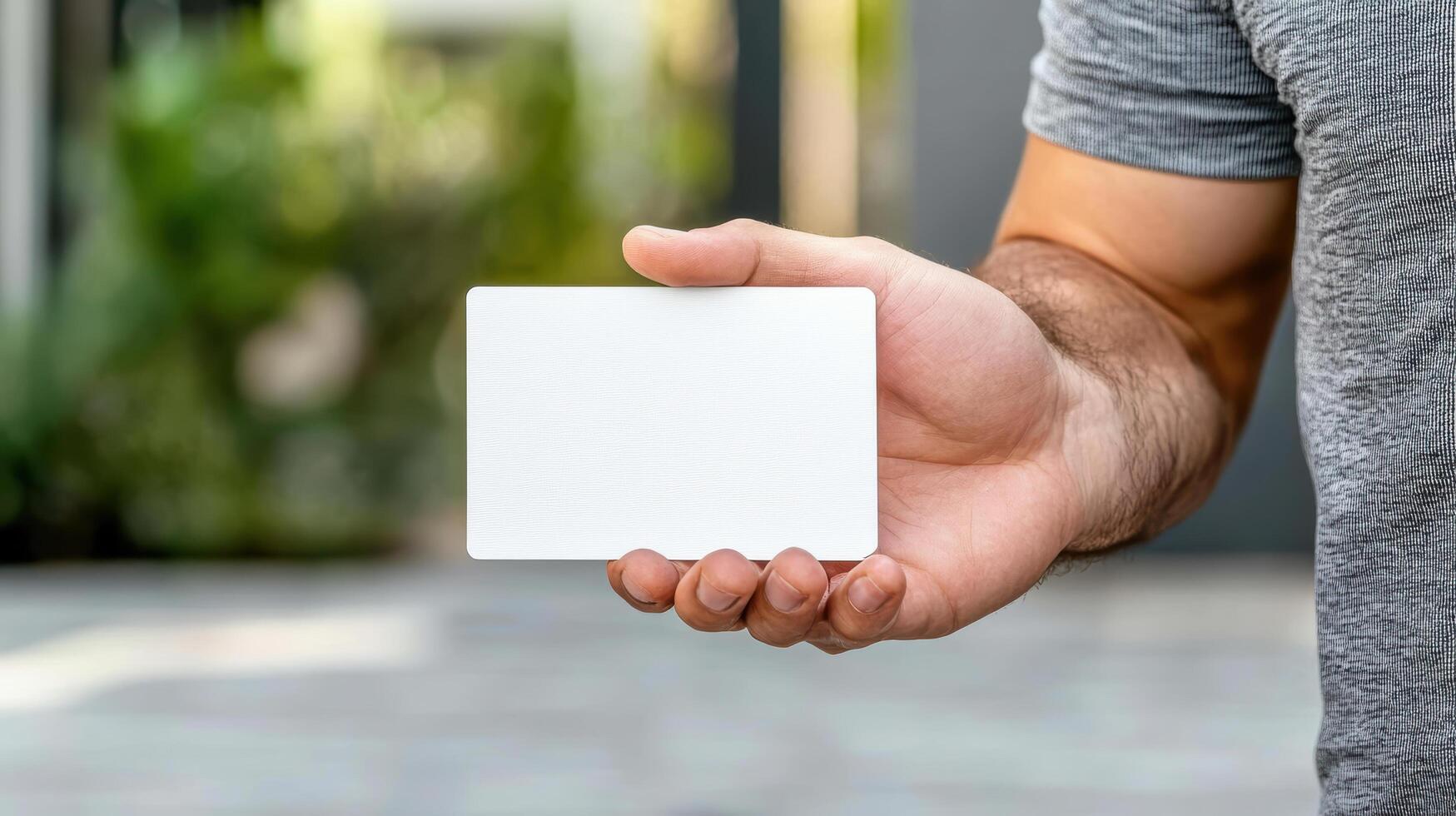 Man holding blank white card in front of green background photo