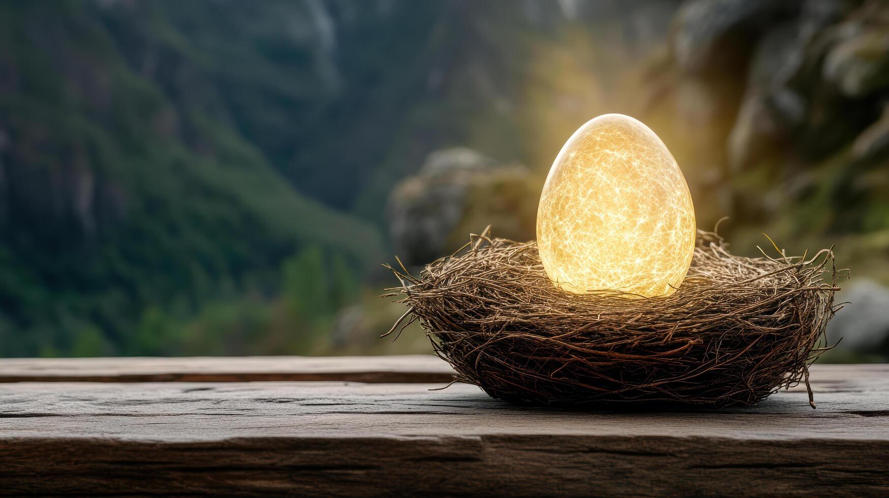 An egg in a nest with a glowing light photo