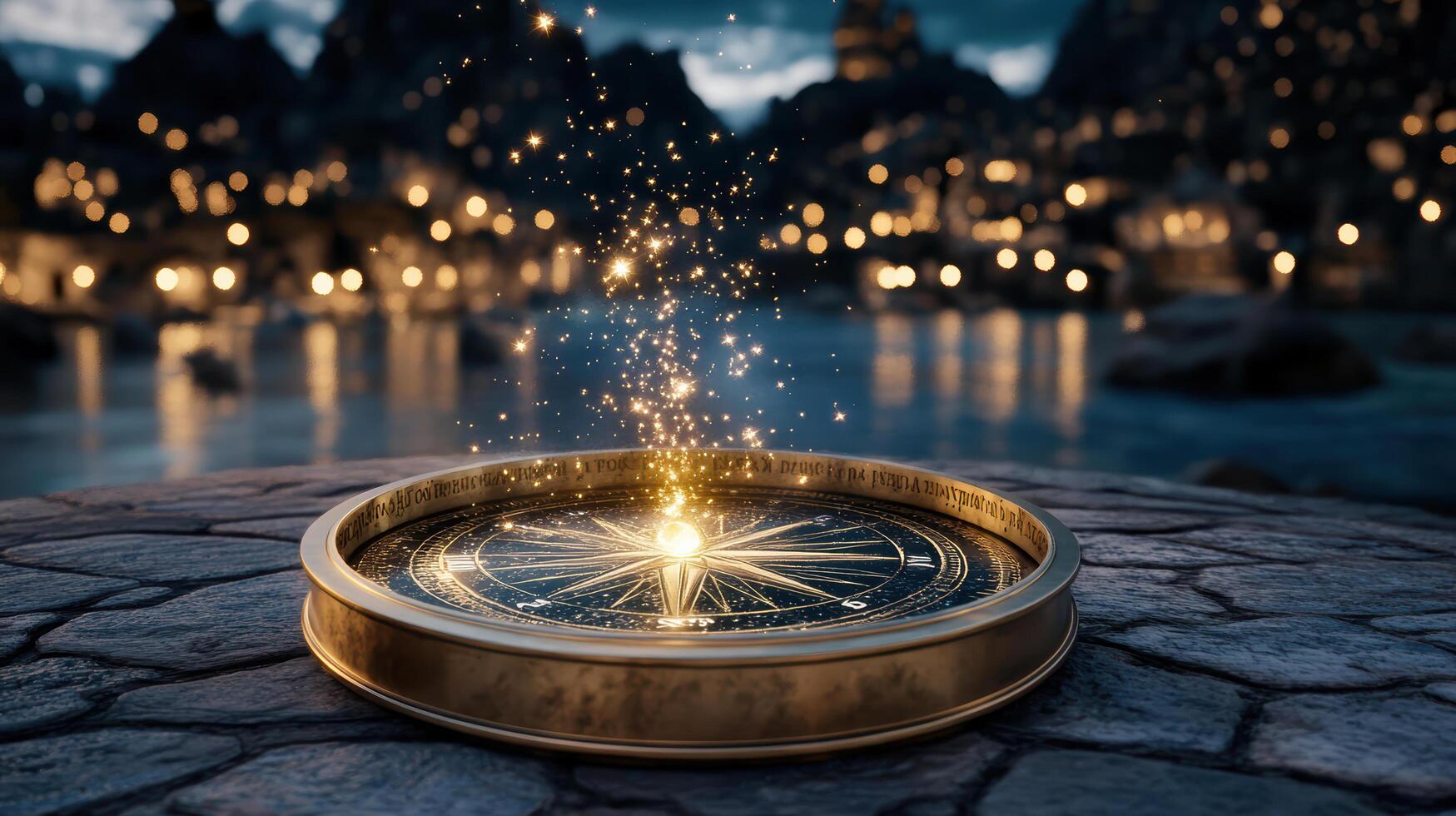 A compass with sparkles on the ground photo