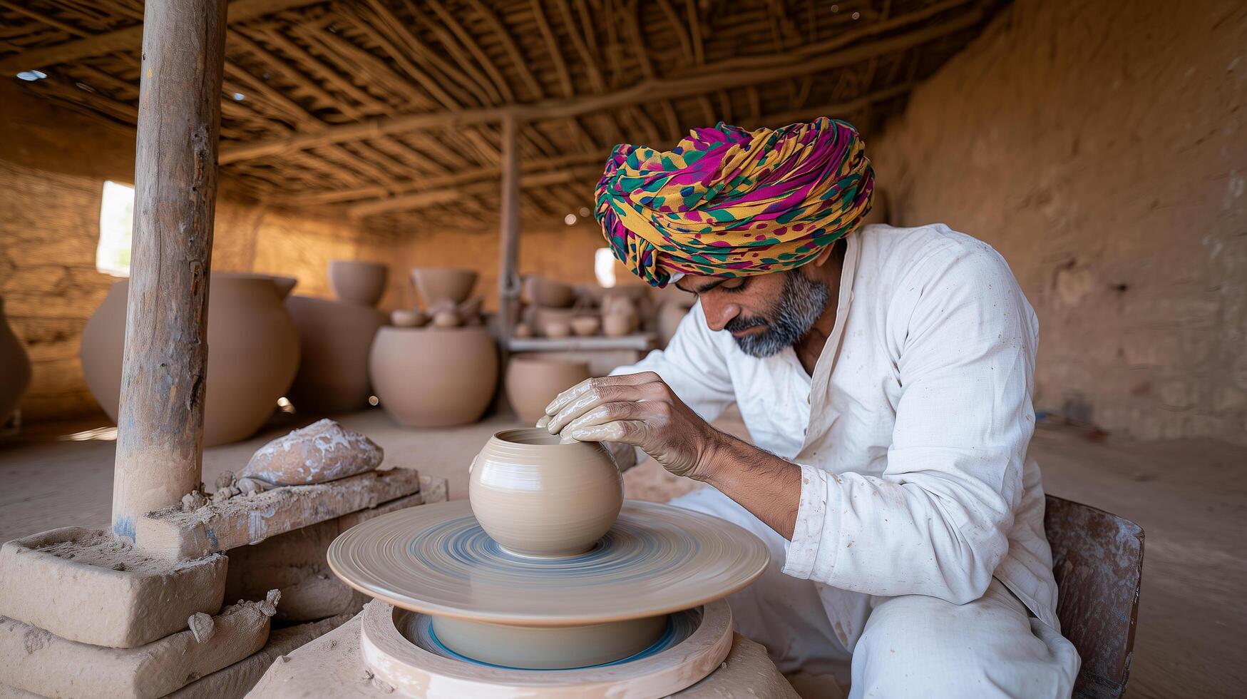 Artisanal Pottery in Rustic Workshop photo