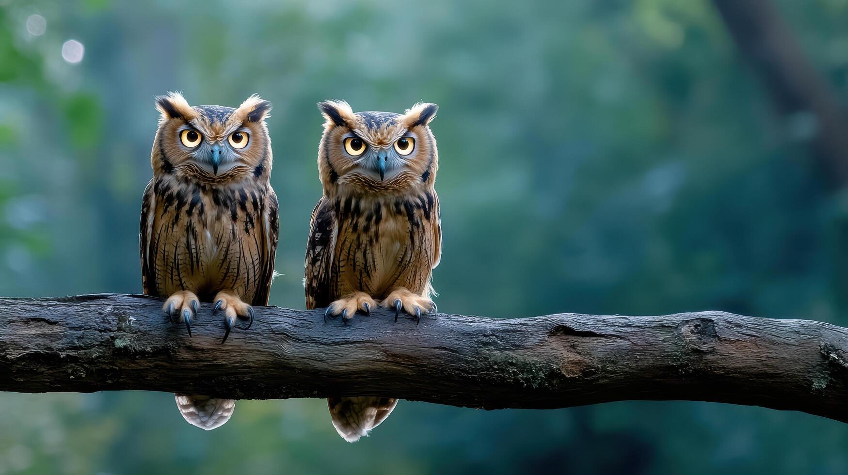 Two owls sitting on a branch in the woods photo