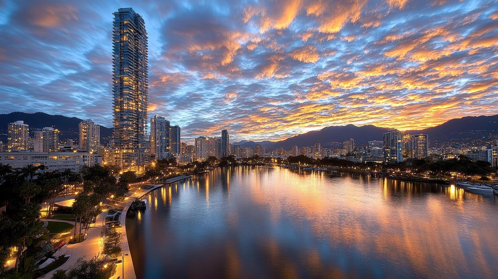 The city skyline at sunset with the water and mountains in the background photo