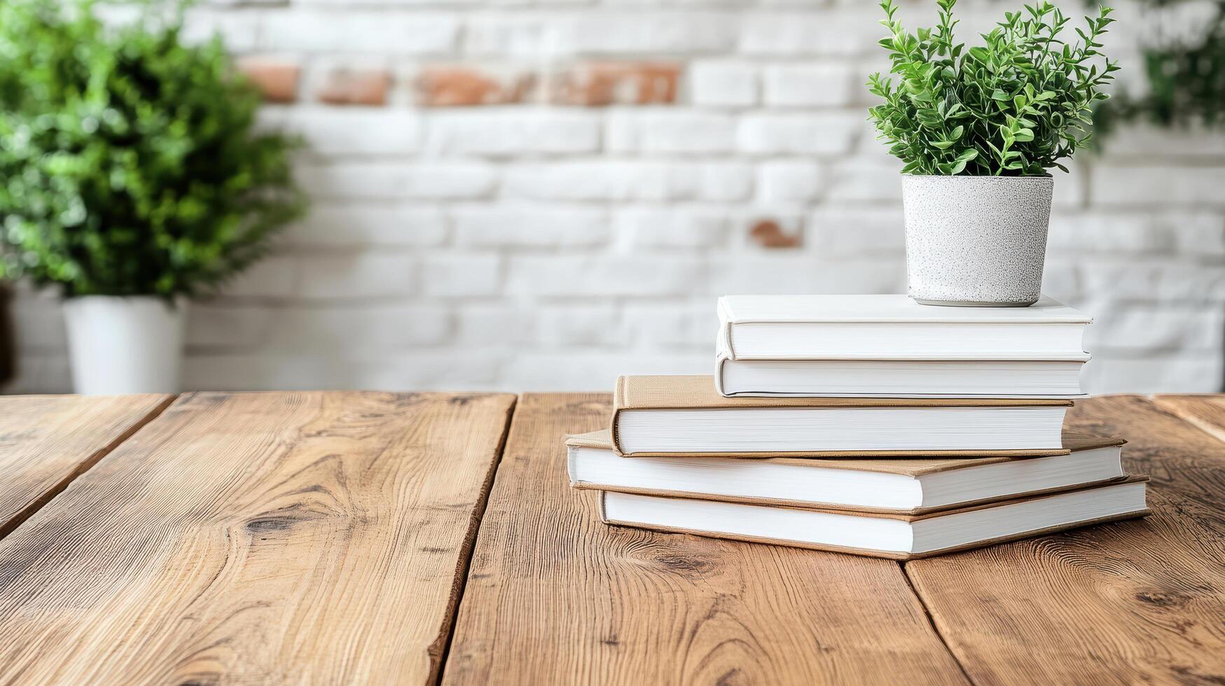 Stack of books on wooden table with white brick wall photo