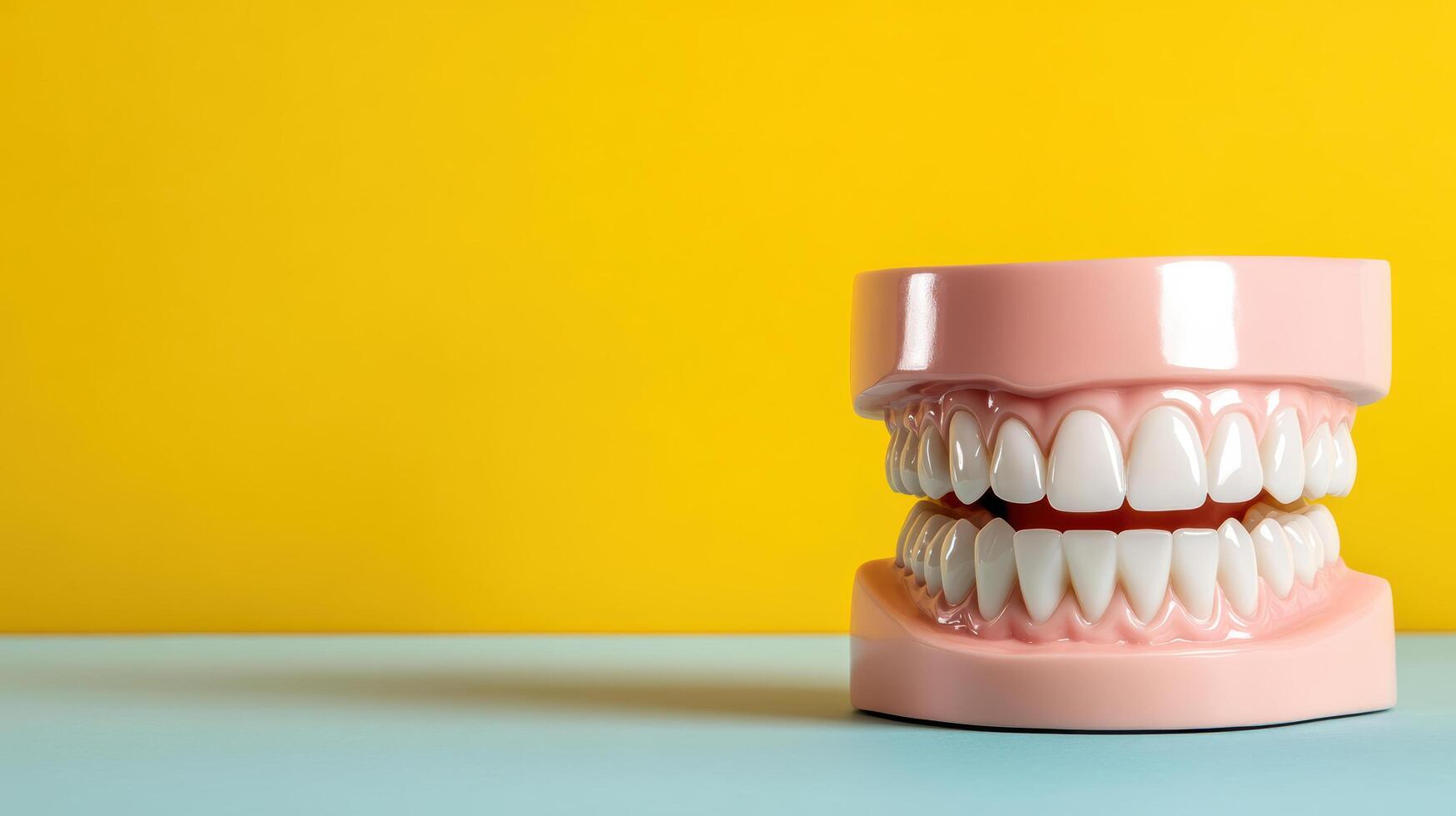 A model of a tooth with a toothbrush on a yellow background photo