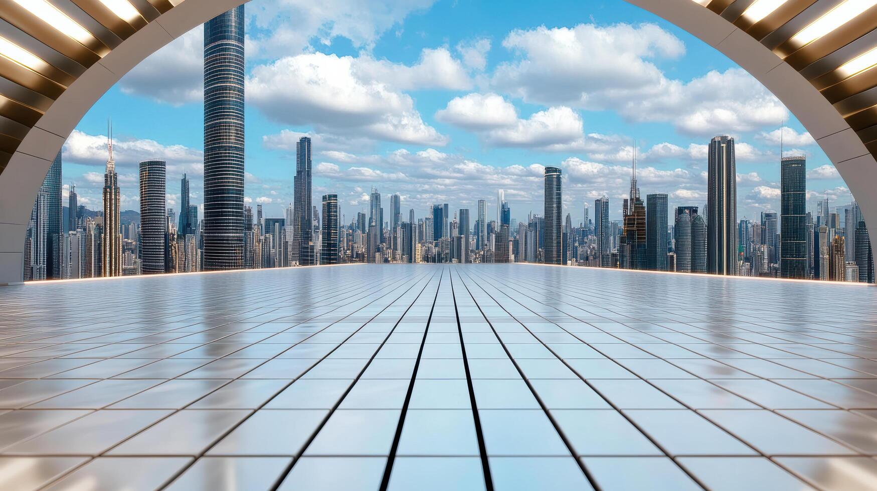 An empty room with a city skyline in the background photo