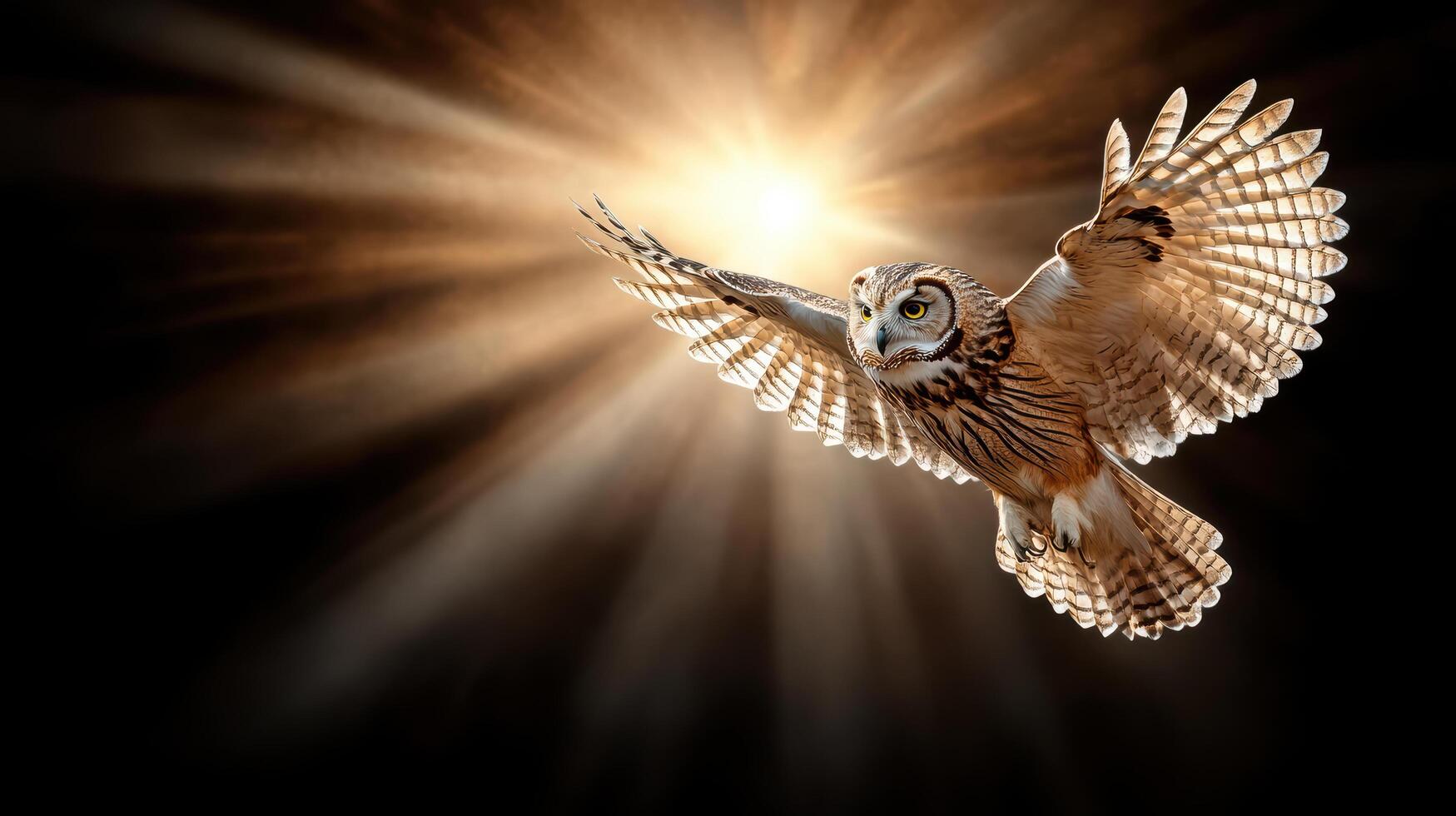 Owl flying in the air with light shining from behind photo