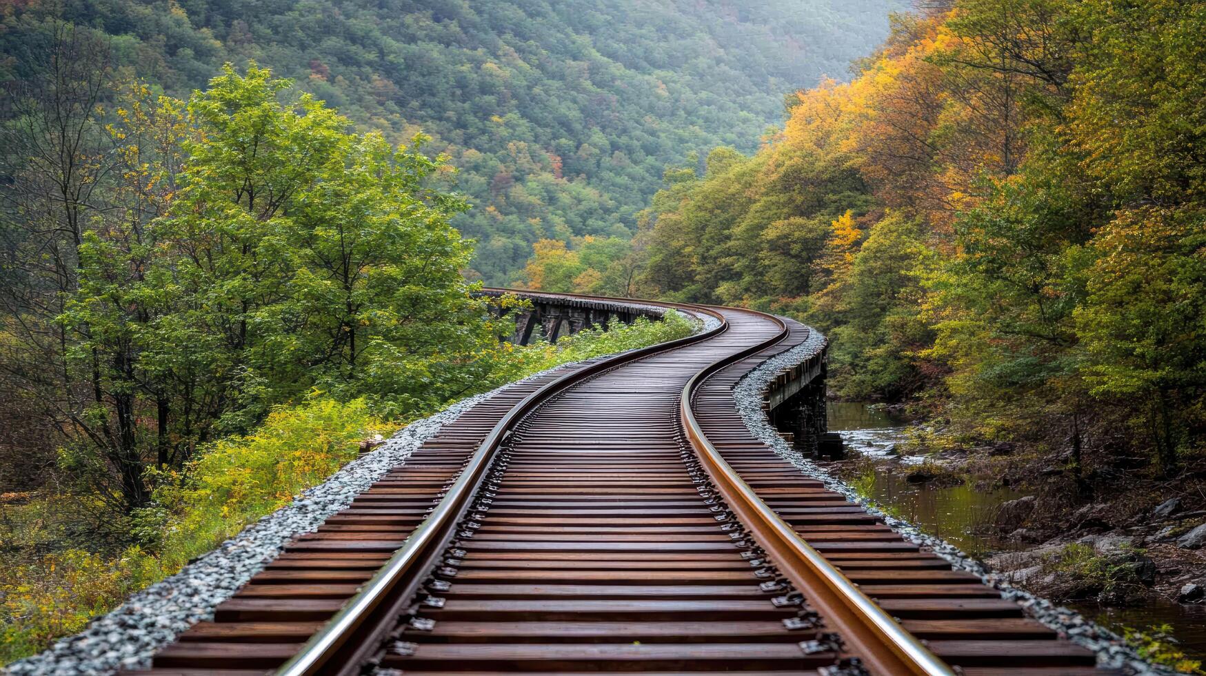 A railroad track in the woods with trees and trees photo