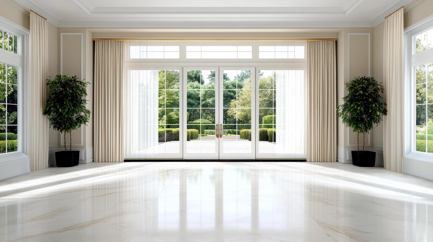 A large room with white walls and a large window photo