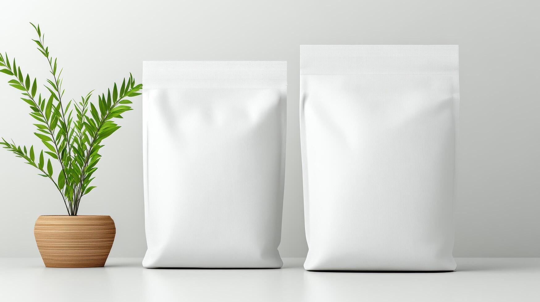 Two white bags with a plant in front of them photo