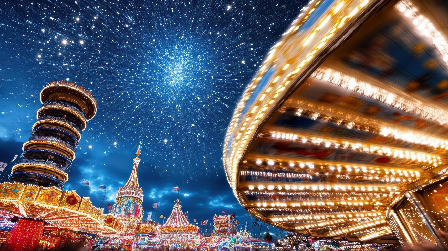 A merry go round and lights in the sky photo