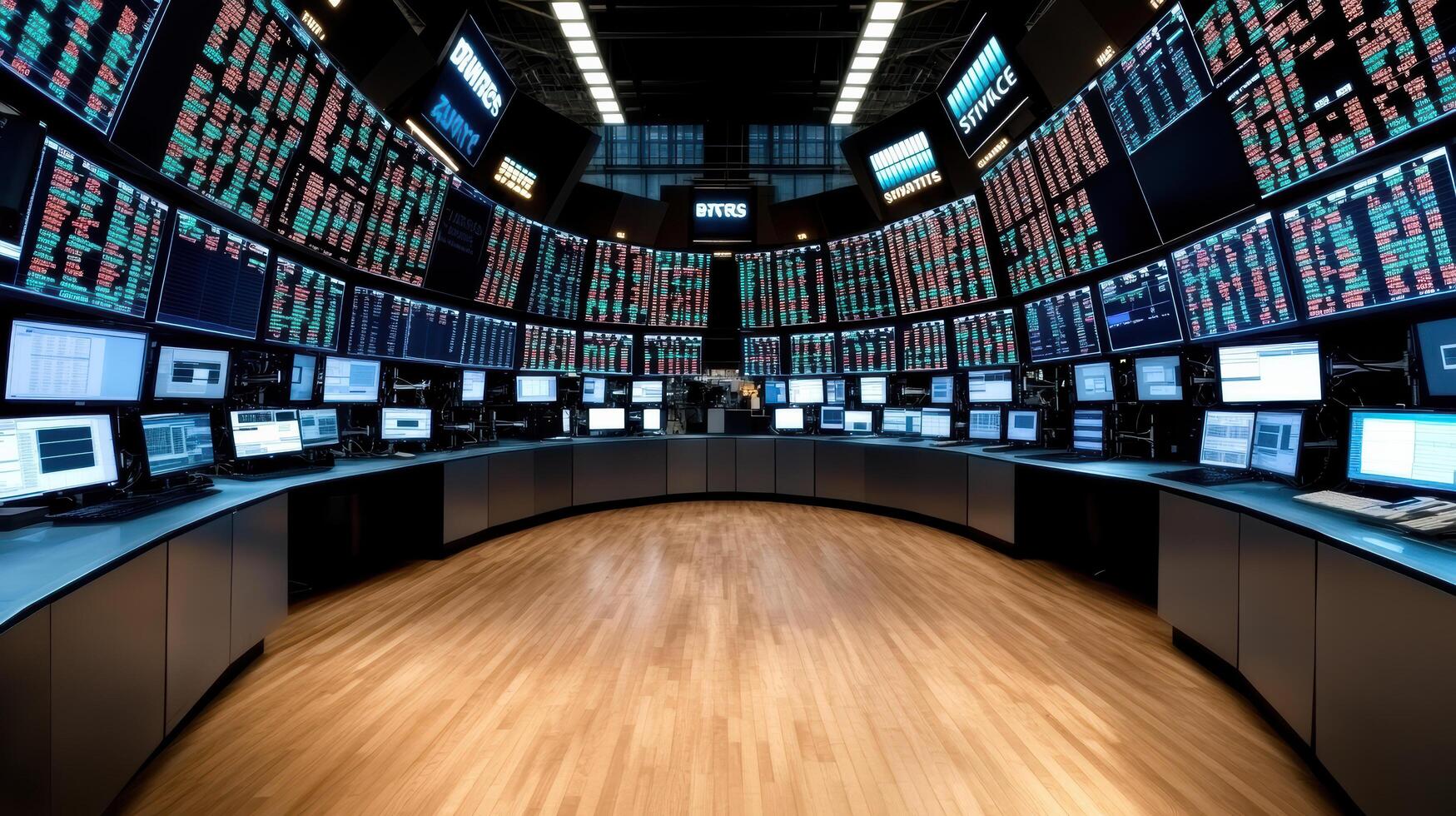 A large room with multiple screens and multiple computers photo