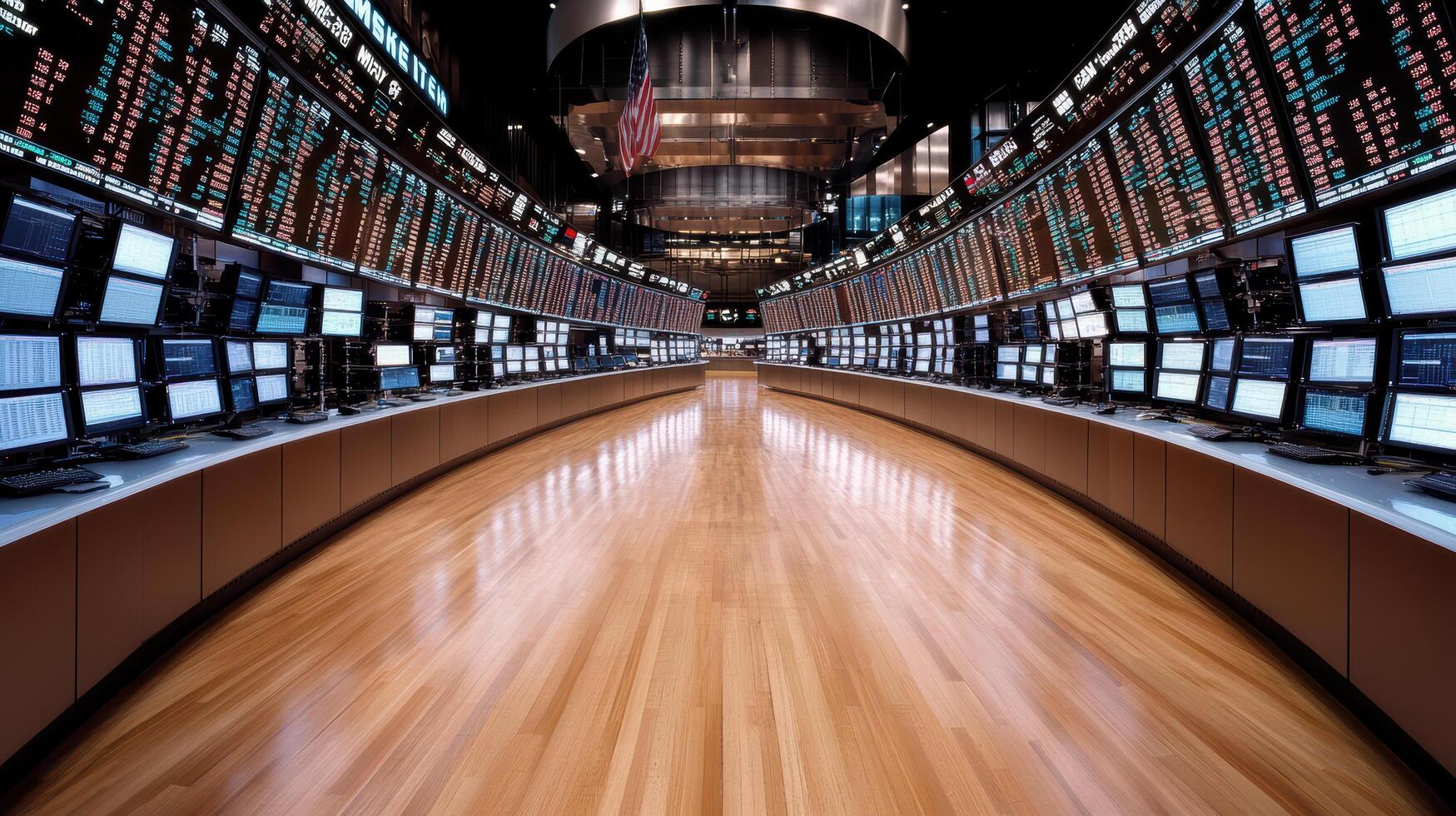 A long hallway with many screens and monitors photo