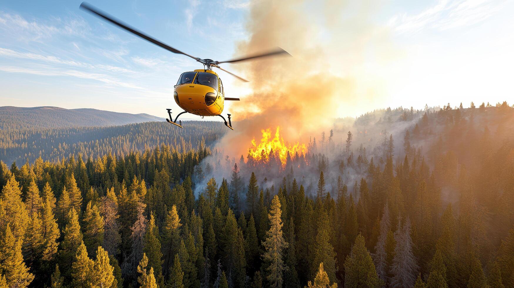 A helicopter flying over a forest fire photo