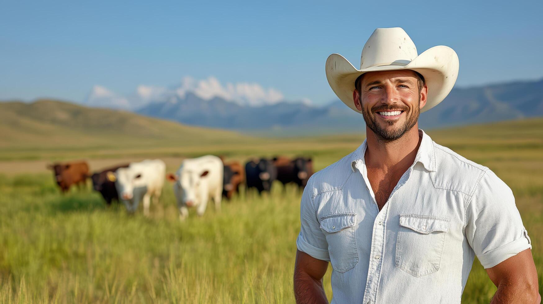 A man in a cowboy hat standing in a field with cattle photo
