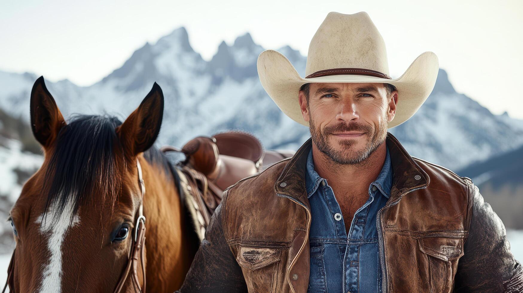 A man in a cowboy hat standing next to a horse photo