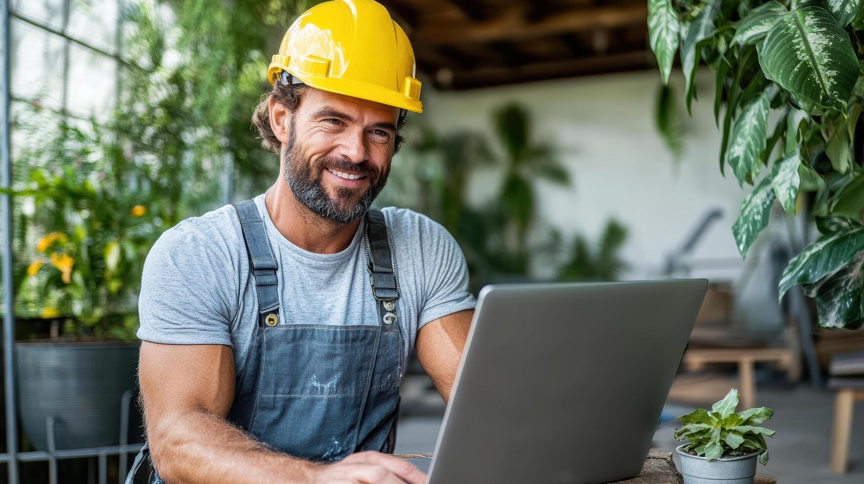 A smiling man in overalls using a laptop photo
