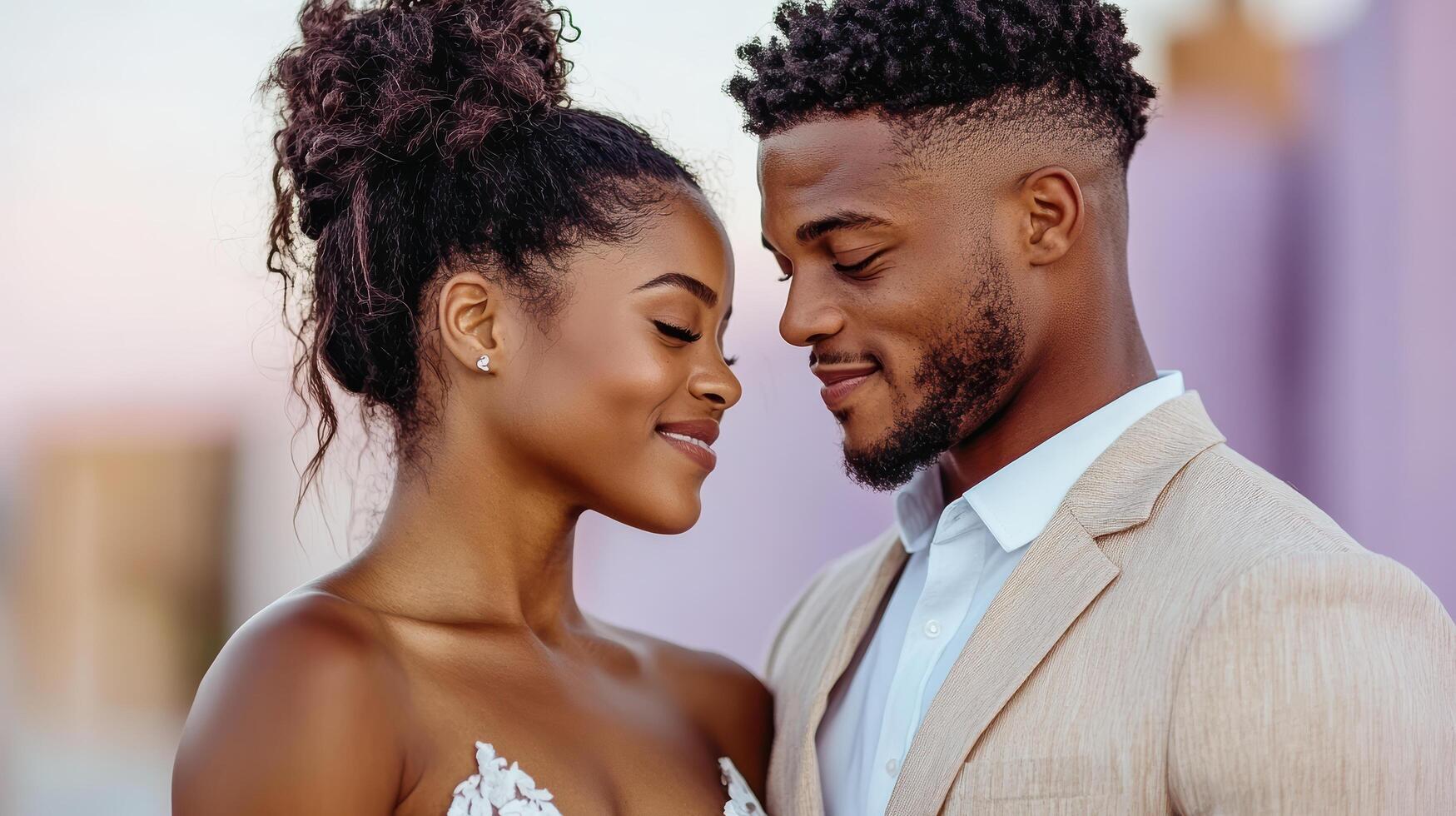 A beautiful black couple embracing in front of a purple wall photo