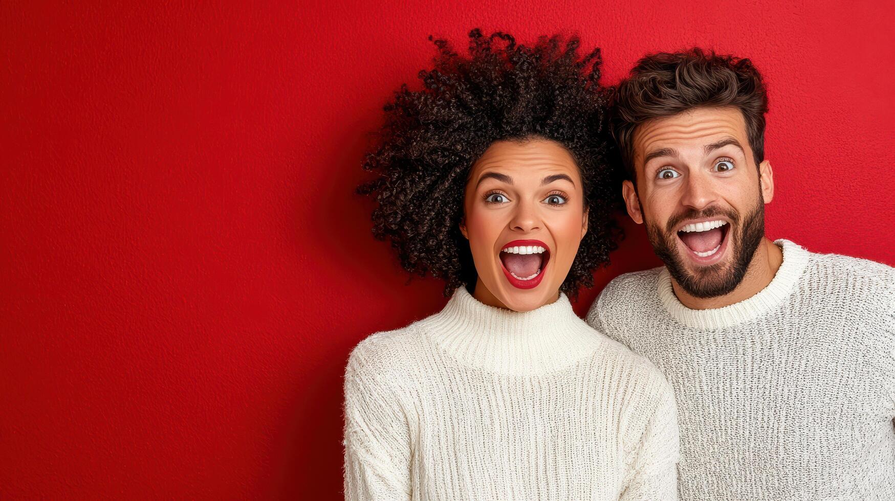 A couple in sweaters are looking at the camera photo