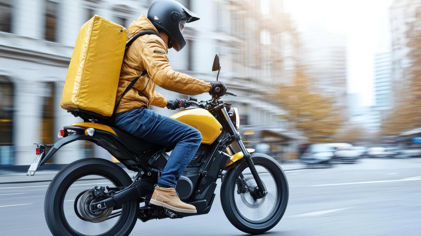 A man in a helmet rides a motorcycle with a box on the back photo