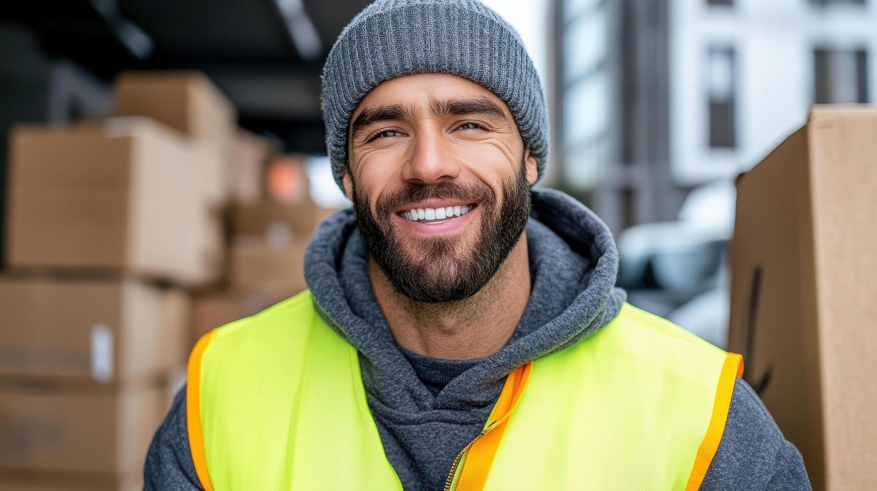 A smiling man in a yellow vest and vest standing in front of boxes photo