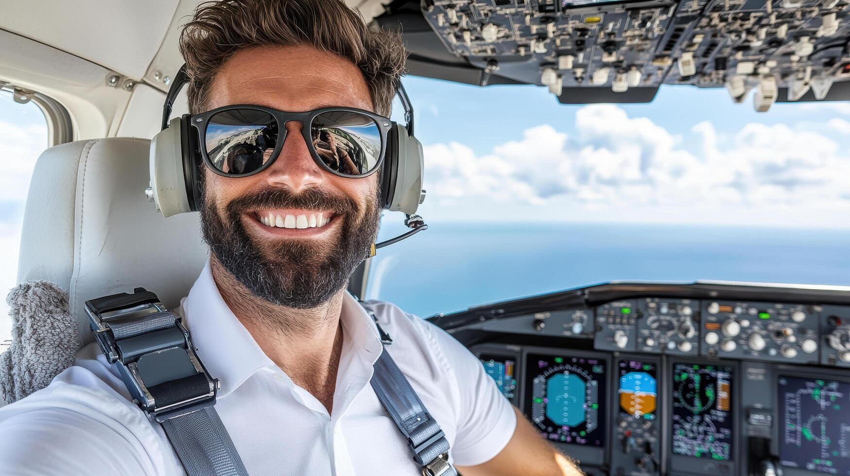 A man in sunglasses and a beard is sitting in the cockpit of an airplane photo
