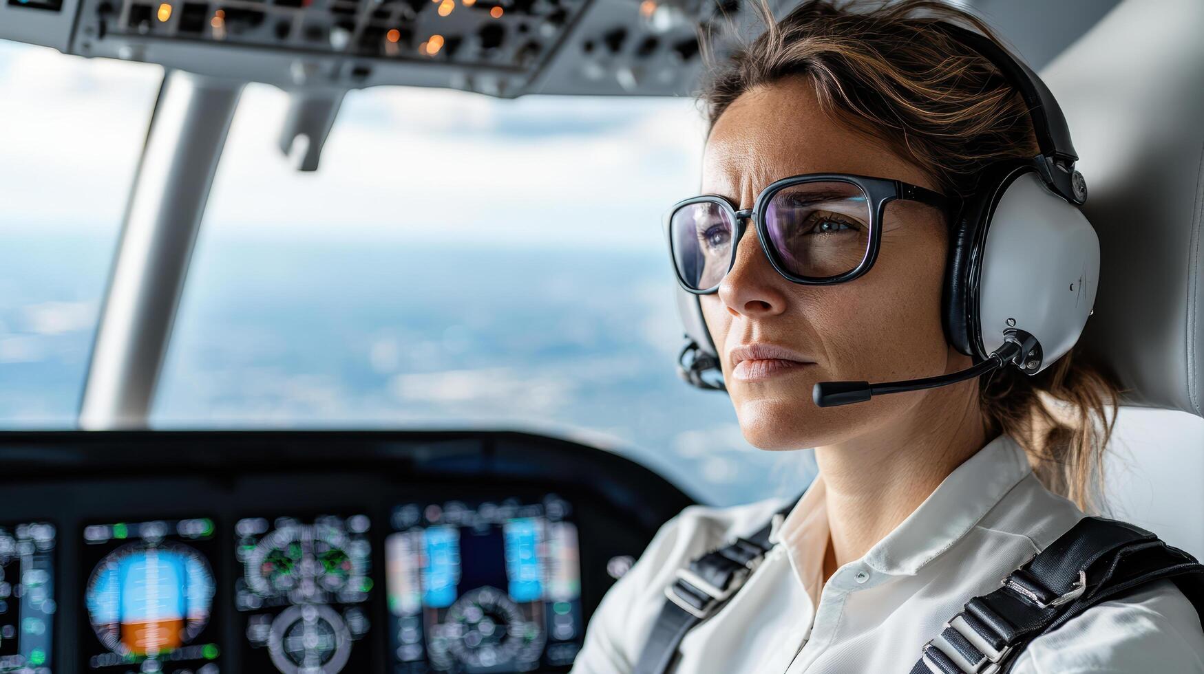 A woman wearing glasses and a headset in the cockpit of an airplane photo